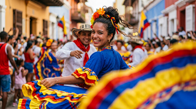 Smiling woman dancing in traditional Colombian dress during street parade