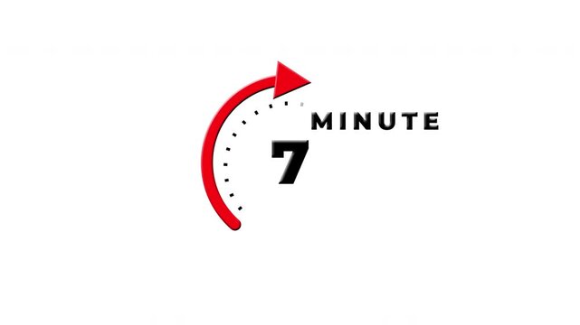 7 Minutes Red Circular Arrow Clock Timer Icon Isolated On White Background 4k.
