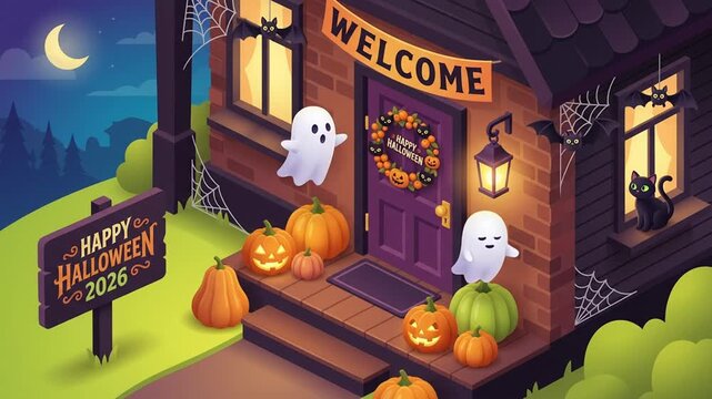 Isometric Halloween Haunted House Animation with Ghosts Pumpkins Black Cat and Welcome Sign