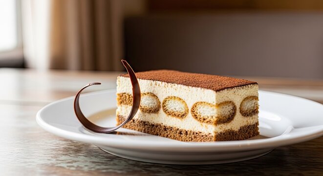Classic tiramisu cake slice garnished with dark chocolate swirls.