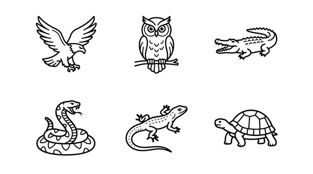 Wild Animal Line Art Icons and Vector Illustration Set