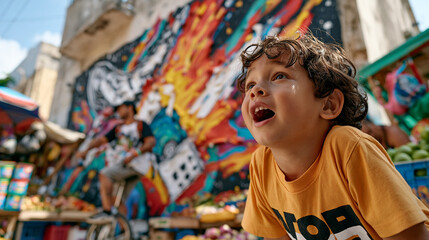 Obraz premium A child watches a unicyclist perform in a vibrant outdoor street market, wide-eyed at ground level as the performer navigates between market stalls, the oil-paint-thick impasto of a street mural vis