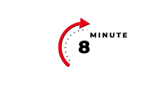 8 Minutes Red Circular Arrow Clock Timer Icon Isolated On White Background 4k.