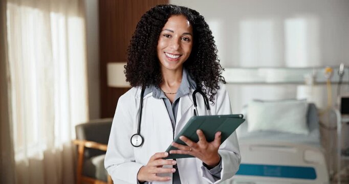 Face, woman and doctor in hospital with tablet, research and medical records for patient care. Portrait, female surgeon and smile in icu ward with digital, telehealth and test results for healthcare