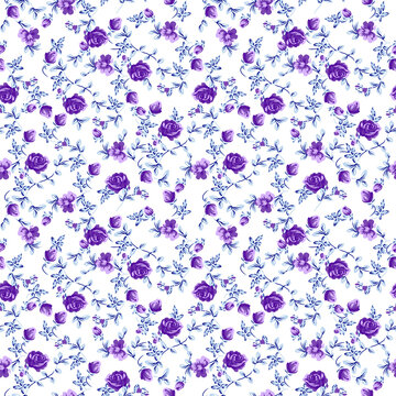Delicate floral seamless pattern with purple and white roses on light background texture