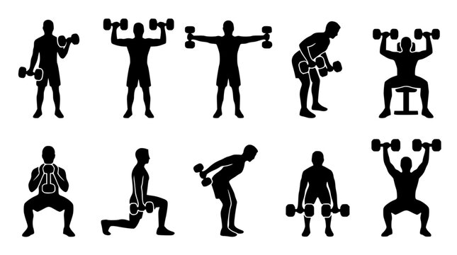 Athletic figures performing weightlifting exercises with dumbbells during a workout vector silhouette isolated on white background