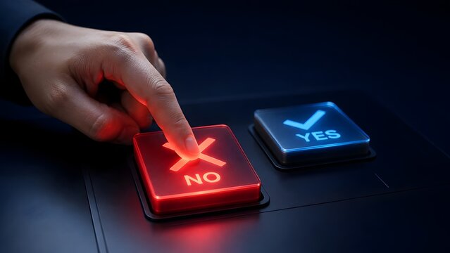 Hand pressing a glowing red no cross button beside a blue yes checkmark representing negative choice