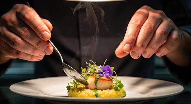 Professional chef plating gourmet seared scallop with edible flowers.