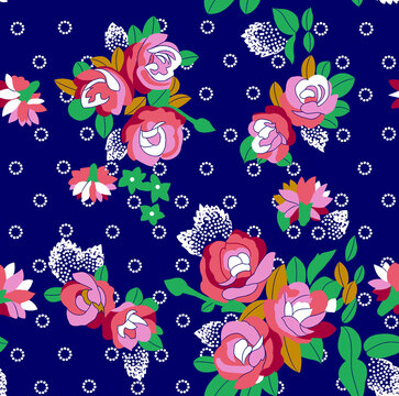 Vibrant floral bouquet pattern on dark blue polka dot background with watercolor roses and peonies