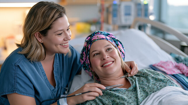 A milliner in hospital scrubs fitting a patient with a custom post-surgical head covering at a clinical bedside, process in action as the craftsperson adjusts a soft structured piece using small sha