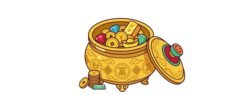 Traditional Chinese Wealth Pot with Gold Coins Ingots and Gems Symbolizing Prosperity and Fortune