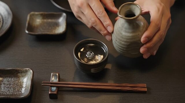 Top-Down Traditional Sake Pour on Wooden Table