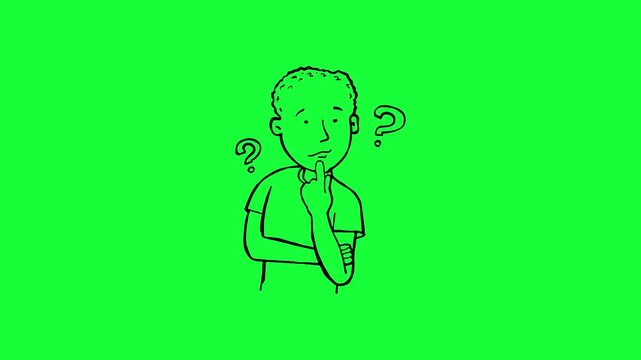 A hand drawn illustration of a confused young man thinking with question marks