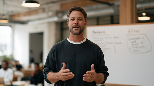 Coding bootcamp instructor stands before a before-and-after whiteboard in an industrial loft classroom, one side showing a student's chaotic Thanksgiving week code commit history,
