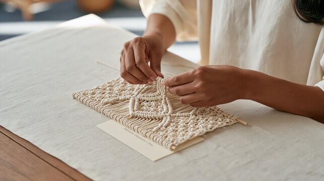 Net weaver's hands in a minimalist studio photograph, a single intricate macram&eacute; knot centered in frame against pale linen backdrop, an unsigned Valentine card tucked beneath the