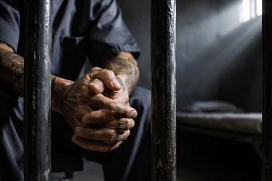 Tattooed Prison Inmate Sitting Behind Jail Bars in a Dimly Lit Correctional Cell