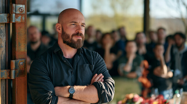A visual effects artist steps outside a rural studio cabin into quiet countryside air, a crowd of fellow animators visible through the glass behind him in a production meeting, rust-patina metal doo