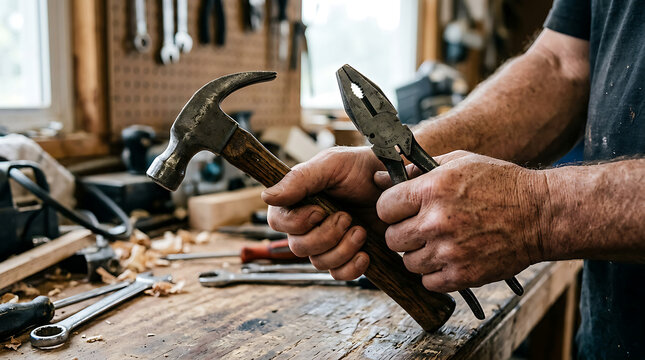 Craftsman holding hammer and chisel at workbench.