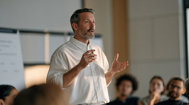 Spokesperson in a warmly lit conference room delivering remarks to a multicultural staff group about gym membership cancellation policy rollout in February, flipchart behind with