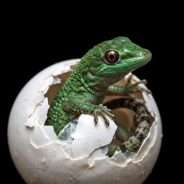 A vibrant green gecko hatching from its white egg, captured in a closeup macro shot against a stark black background, showcasing intricate scales