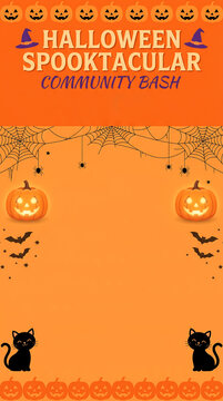 Halloween spooktacular community bash flyer template with pumpkins, spiders, bats, and black cats on an orange background with copy space