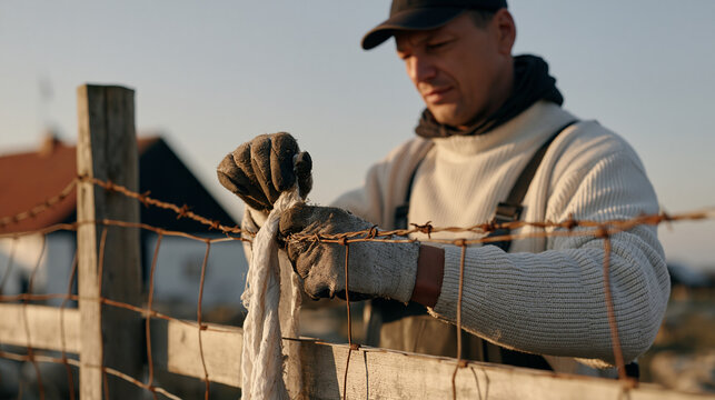 Sheep herder's gloved hands in close focus working to untangle a costume fabric caught in a fence post, a modest barn visible behind, the same material suggesting an impromptu
