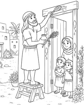 Passover Blood on the Doorposts Bible Coloring Page, Exodus Printable for Kids, Biblical Story Line Art
