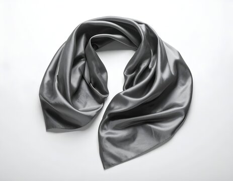 Grey silk scarf spread on white background.