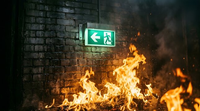 A glowing green emergency exit sign mounted on a dark brick wall above a raging fire in a building