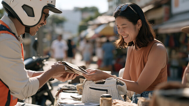 Under scorching midday sun, a crocheter is viewed over the shoulder of a last-mile delivery rider who has paused beside her street stall, both looking at a handmade crochet