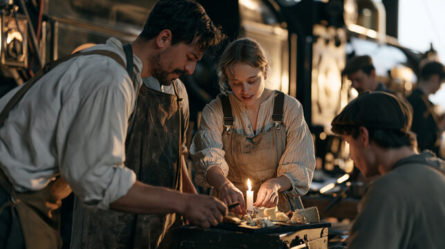 Wainwright restoring a heritage wagon in a twilight workshop pauses to light a single candle and arrange a self-gifted cheese board on a toolbox, a diverse team of apprentices