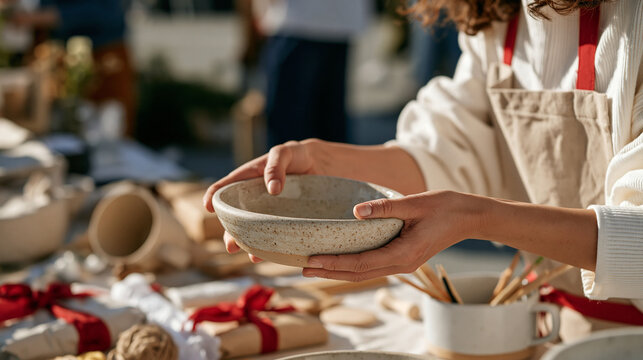 A close up of a craft seller's hands on a crowded market table holding a lopsided homemade ceramic dish fresh from a kiln firing gone slightly wrong, surrounded by holiday