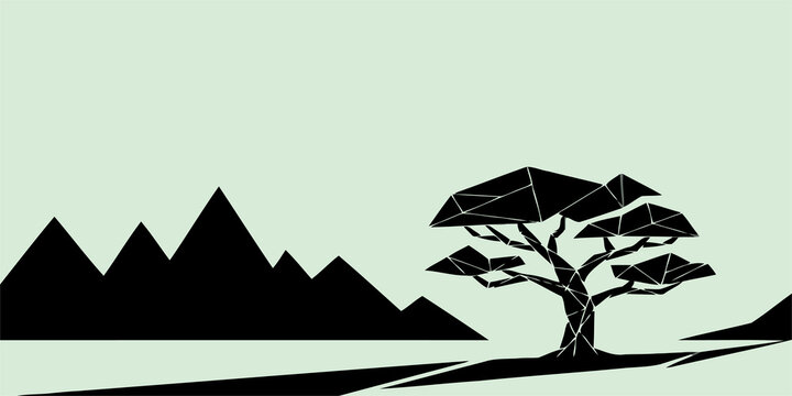 Minimalist Geometric Landscape with Polygon Mountains and Tree on Light Green Background