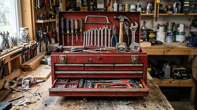 Red metal toolbox filled with various hand tools 1.