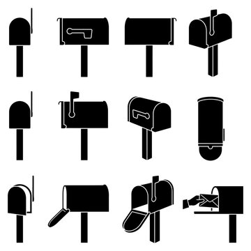 Black mailbox vector icon set with open and closed options