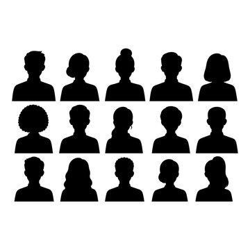 Set of diverse human avatar silhouettes representing various user profiles isolated on transparent background
