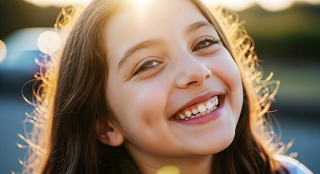 Happy young girl with a bright smile in sunlight