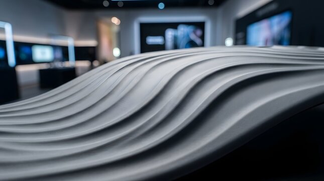 Sleek white automotive clay model featuring smooth flowing contours and ergonomic organic shapes displayed under soft moody interior exhibition lighting