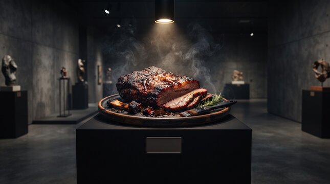 Smoked beef brisket served on a display pedestal in a dark art gallery