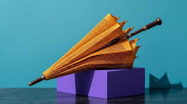 Retro Chic Yellow Lace Mesh Parasol Presented on Modern Purple Block