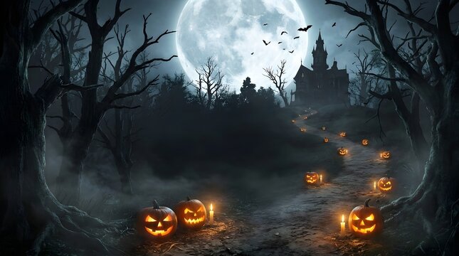Spooky halloween night background with glowing jack o lanterns in a dark misty forest under a full moon