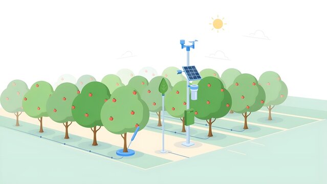 Smart Orchard Concept with Automated Weather Station Solar Sensor and Drip Irrigation in Fruit Farm Flat Vector Illustration