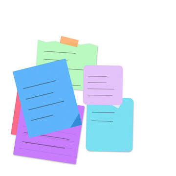 Colorful sticky notes with handwritten text and equations floating in air isolated on transparent background