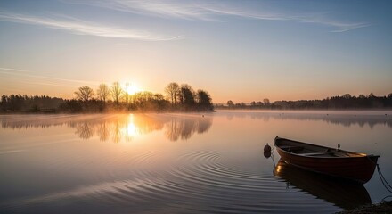 Fototapeta premium Peaceful sunrise over misty lake with small wooden boat.