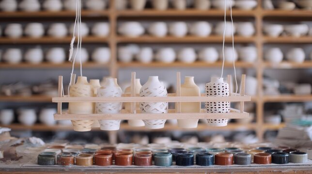 Focused view of test tiles hanging on a drying rack surrounded by shelves of bisque ceramics and a palette of varied glaze samples in soft background blur.