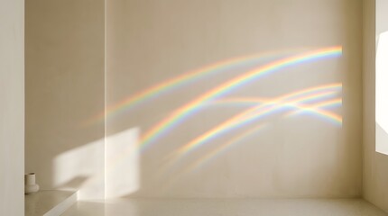 Obraz premium Vibrant prismatic rainbow light reflections cast curved multicolored arcs across a soft neutral textured surface during a bright sunny afternoon