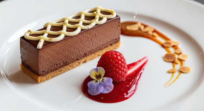 Chocolate mousse cake slice with raspberry sauce and nuts.