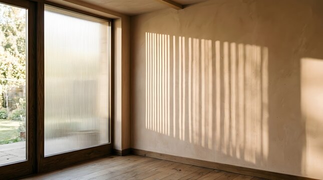 Vertical light streaks cast elegant linear shadows across a textured neutral wall inside a bright modern home minimalist living space