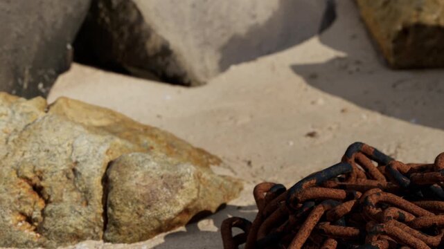 A rusty chain rests on the sand next to large rocks. The sun shines down on the beach in this coastal area, creating a warm atmosphere. Natural elements are visible and interact.