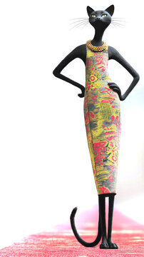 Anthropomorphic black cat model poses confidently in a vibrant dress on a fashion catwalk, showcasing unique design elements and accessories